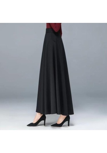 Fastbuy Maxi Etek - Yüksek Bel - Elastik - A Kesim - Uzun - Cepli - Düz Renk - Ofis/kahve Kahve