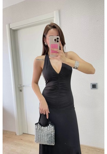 Sırt Dekolteli Uzun Elbise - Siyah Siyah