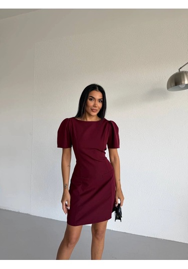 Modalima Bordo Kayık Yaka Kısa Kollu Mini Elbise Çok Renkli
