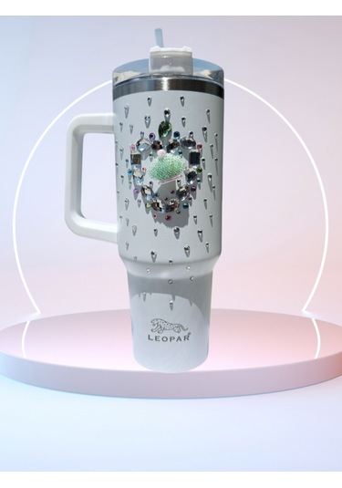 Pipetli 1,2 Litre Kulplu Çelik Termos Renkli Üzeri Taş İşlemeli - Beyaz Beyaz