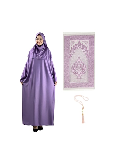 Namaz Elbisesi Eşarp Seccade Tesbih Set, İslami Giyim Takım Ferace Turban Şal Lila