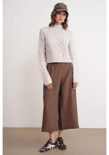 6855 Kadın Dik Yaka Saç Örgülü Triko Kazak Taş Taş