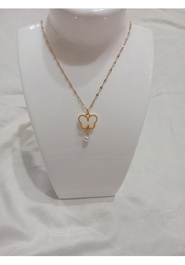 Kelebek Kolye İnci Boncuk Uçlu Beyaz