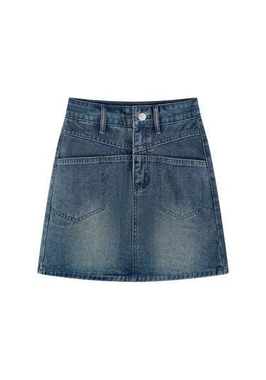 Spice Girls A-kesim Denim Etek Kadın Yaz Yırtmaçlı Cepli Yüksek Bel Kalça Saran Yarım Boy Vintage Etek Mavi