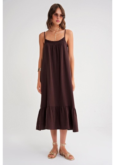 4740 Kadın Askılı Müslin Midi Elbise Kahve Kahve