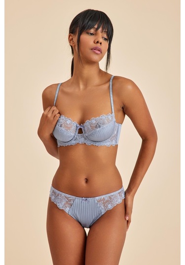 Paris Gri Mavi Balenli Dantelli Dolgusuz Toparlayıcı Balkonet Sütyen Mavi