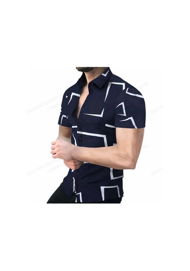 Snapbuy Erkek Geometrik 3d Baskılı Plaj Gömleği Kısa Kollu Hawaii Stil Küba Camisaaltın Altın