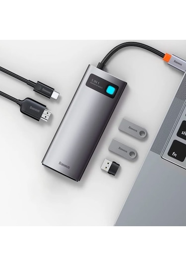 Baseus Metal Gleam 5In1 Multifonksiyonel Type-C Hub Adaptör Dock-Gri (551581989)
