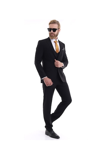 Presto Erkek Yelekli Slimfit Takım Elbise 6 Drop Siyah 581-001 Siyah