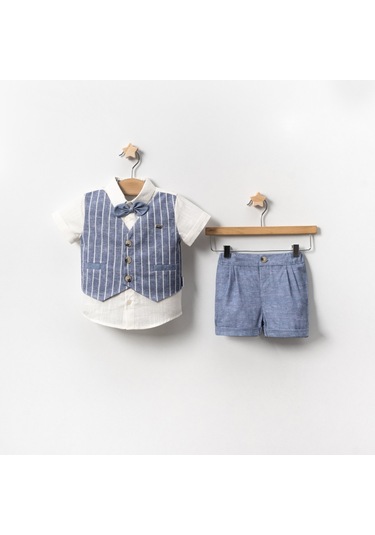 Yazlık Çizgi Yelekli Metal Armalı Bebe Erkek 2'li Takım İndigo