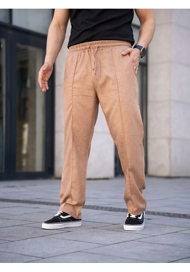 Erkek Keten Cepli Çıma Dikişli Jogger Buggy Pantalon Rahat Kalıp - Kahverengi Kahverengi