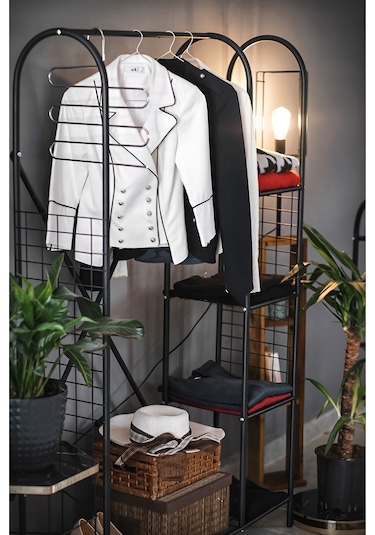 METAL 5 RAFLI AYAKKABILIK ELBİSE ASKILIĞI PORTMANTO VE GARDIROP Siyah