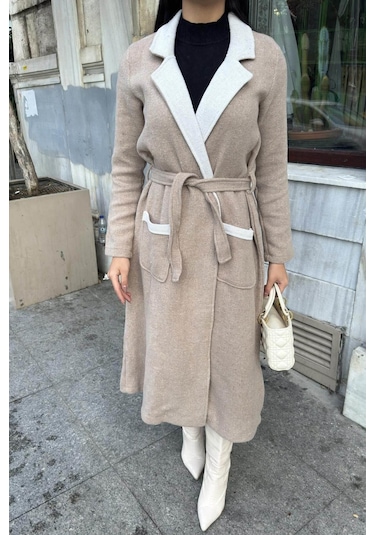 Bej Çift Taraflı Kruvaze Yaka, Kuşaklı, Yumoş Dokulu, Duble Kaşe Uzun Ceket Vizon