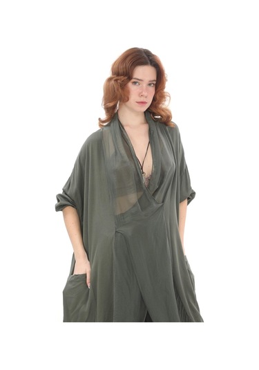 Italyan Ipek Detaylı Oversize Kaftan & Bluz-8711 Koyu Haki
