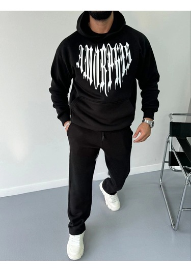 Uzun Kol Kapşonlu Baskılı Sweatshirt - Siyah Siyah