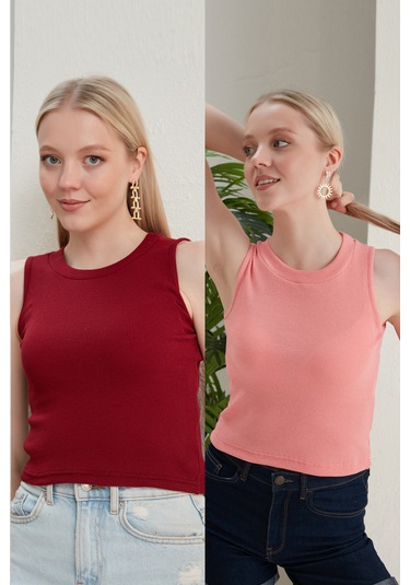 Catspy Kadın Halter Yaka 2'li Crop Bluz Atlet Bordo - Pudra