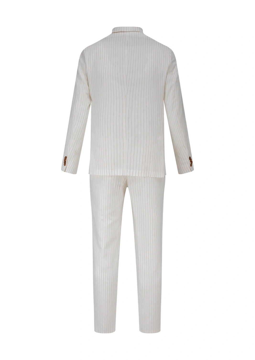 Ekru Comfort Fit Çizgili Mono Yaka Keten Takım Elbise Ekru