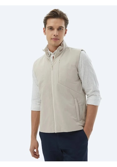 Kip Ekru Regular Fit Dik Yaka Casual Dokuma Spor Yelek Ekru