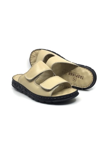 Taşpınar 204 %100 Hakiki Deri Ortopedik Erkek Yazlık Rahat Terlik Ayarlanabilir Cırtlı Bej