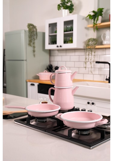 Rosa Di Verona Emaye Pembe Çaydanlık - 2 Li Kulplu Ve Saplı Sahan Seti Pembe