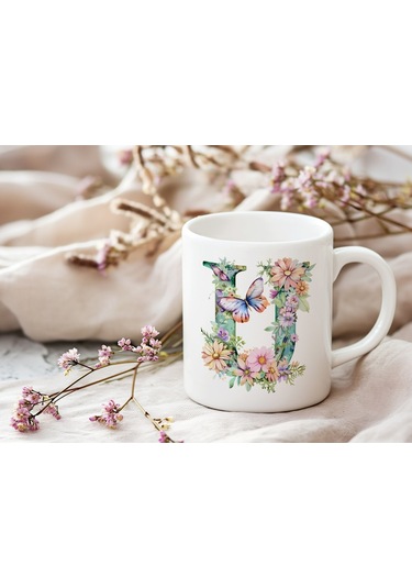 U Harfi Çiçekli Kupa Bardak - Soft Renk Çiçek Ve Kelebek Desenli Zarif Kahve Kupası - Bohem Beyaz