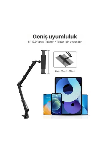 Shopytech Metal 360 Uzun Kol Tablet/telefon Standı Kelepçeli Masa/yatak Başlığı Tutucu 6 -12.9 Uyum 1 Adet