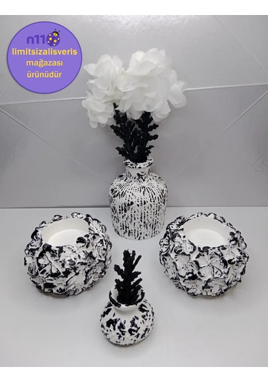 Siyah Beyaz Dekoratif Obje Mumluk Vazo Takımı Çiçekler Dahil Siyah Beyaz
