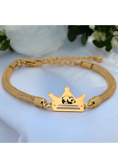 Archin Panda Temalı 14 Ayar Altın Plakalı Hasır Kordonlu Taç Figürlü Hediye Bileklik-464sembol Panda