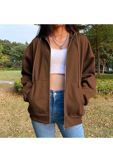 Kahve Kazak Hoodie Büyük Boy Kapşonlu Hırka Tişörtü Gri Kadın Giyim Katı Fermuarlı Kapüşonlular Sonbahar Kadın Uzun Kollu Tops Kahverengi
