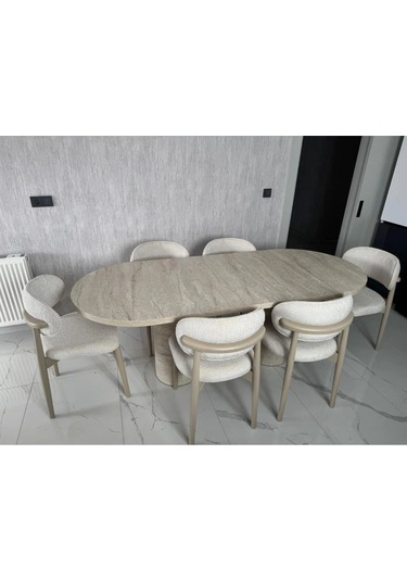 Eyfel İskandinav Tarzı Açılır Masa & 6 Sandalyeli Yemek Masası Takımı Krem