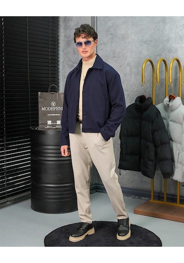 Modefendi Orta Slim Fit Düğme Detaylı Kaşmir Kaban Lacivert