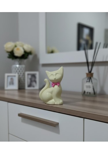 Papyonlu Kedi Dekoratif Biblo Heykel Hediyelik Obje Süs Aksesuar Sarı