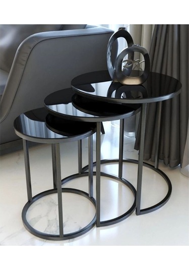 Tubi Yuvarlak Camlı Üçlü Zigon Sehpa Siyah