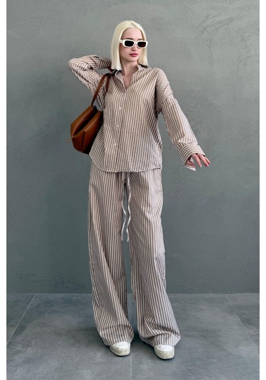 Madmext Camel Çizgili Gömlek Pantolon Kadın Takım Mg2457 Camel