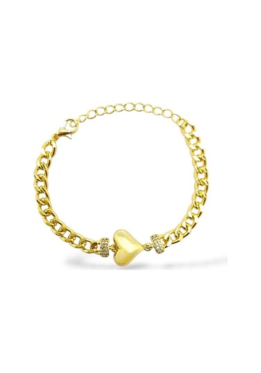 Kalın Zincirli Kalp Detay Çelik Bileklik Altın - Gümüş