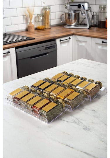 18'li Şeffaf Pleksi Standlı Cam Baharatlık Seti Gold Kapaklı Etiketli Baharatlık Takımı Mh02gld18 Gold - Şeffaf