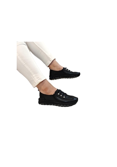 Voyager 9871 Siyah Hakiki Deri Boncuklu Bayan Ayakkabı Siyah