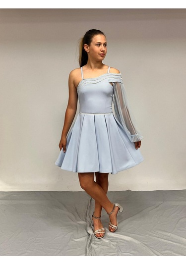 Kız Çocuk Abiye Kısa Krep Bebe Mavi Yaka Şerit Taşlı Tek Kol Çıkabilen Tül Erkut Abiye Elbise 10-15 Yaş İndigo