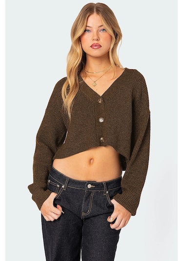 Madmext Kahverengi Uzun Kollu Düğmeli Crop Hırka Mg2198 Kahverengi