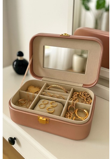 Deri Seyahat Takı Bijuteri Mücevher Kutusu Organizer Düzenleyici 20cm Pembe İthal Ürün