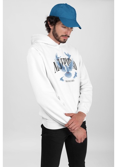 Bird Tasarımlı Kapüşonlu Sweatshirt – Unisex Oversize Hoodie Beyaz