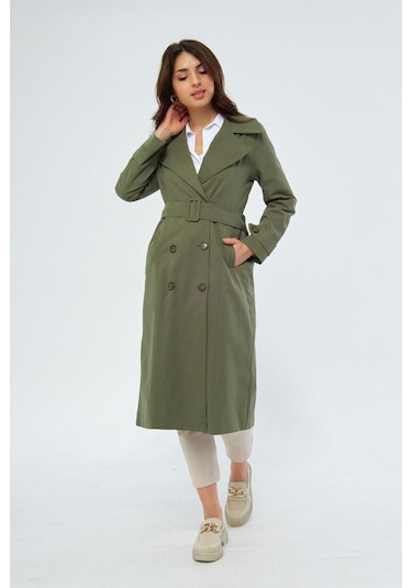 %100 Pamuk Ekstra Uzun 120cm Kruvaze Kadın Trençkot 1121 Haki