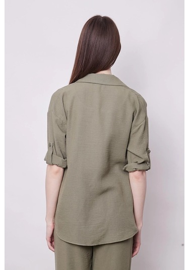 Kadın Keten Düşük Omuzlu Yakalı Kapri Kol Apoletli Gömlek -haki Haki