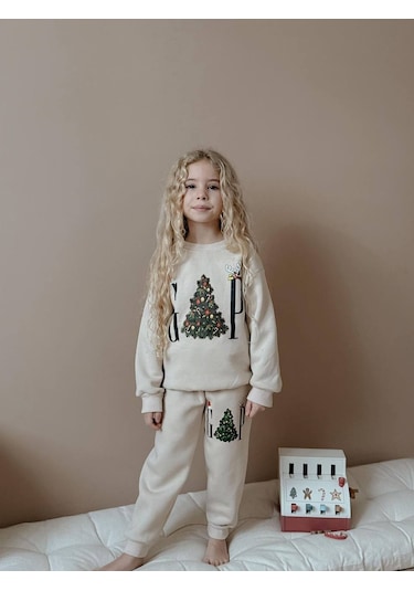 Kız Çocuk Yılbaşı Temalı 3 İplik Eşofman Takımı Ekru