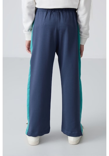 Tommy Life Petrol Yırtmaç Detaylı Cepli Geniş Paça Kız Çocuk Eşofman Alt - 75141 Petrol