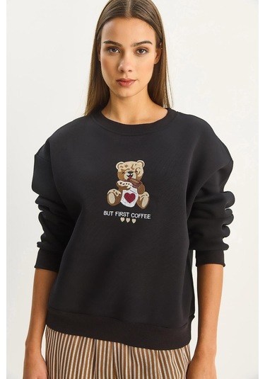 Shade Kadın Teddy Nakış Detaylı Üç İplik Şardonlu Sweatshirt 60601044 - Siyah