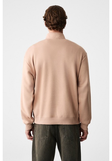 Grimelange Baxter Erkek Dik Yakalı Fermuarlı Relaxed Vizon Sweatshirt Vizon