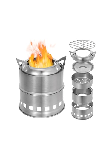 Geeroyoo Çelik Paslanmaz Çadır Isı Kaynağı: Ayırılabilir Mangal, Alkol Isıtıcı Ve Kumaş Çanta İle Kamp Ve Piknik Isı Kaynağı Gümüş