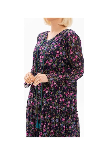 Uzun Kol Vual Gonca Uzun Elbise Tomurcuk Desen Koyu Mor 6169-koyu Mor