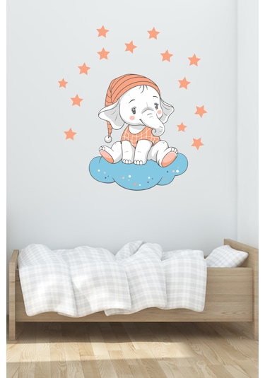 Bulutta Oturan Sevimli Fil ve Yıldızlar Çocuk Odası Duvar Sticker